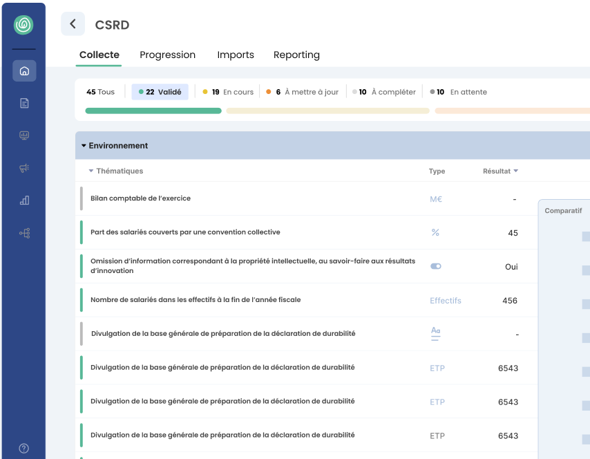 Interface de collecte de données ESG avec formulaires et tableaux